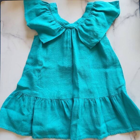 Zara girls size 3-4 year teal green turquoise 100% linen short ruffle sleeve min - Picture 3 of 5